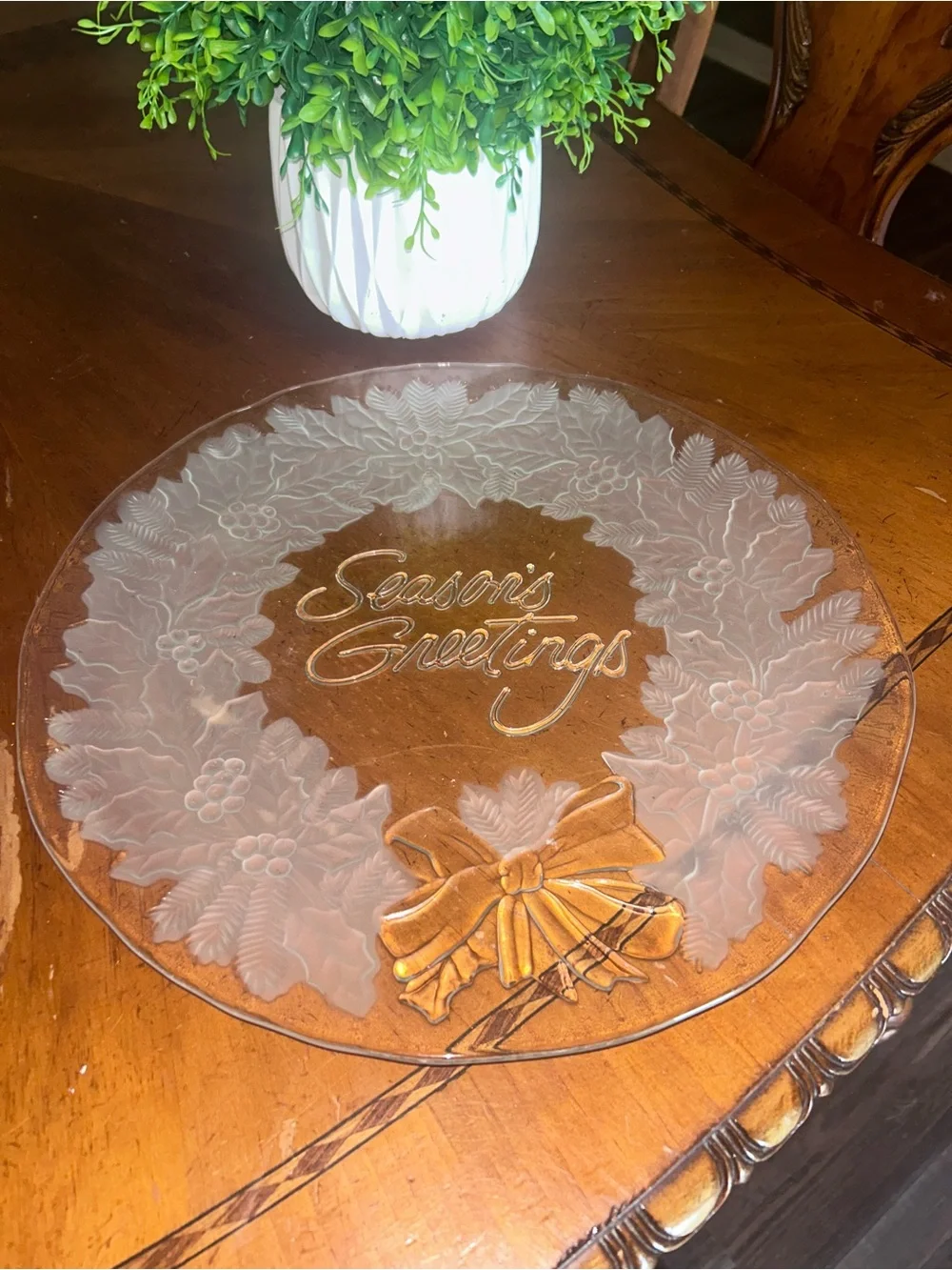 Vintage Mikasa Season’s Greetings Pattern Clear and Frosted Glass Round Serving
